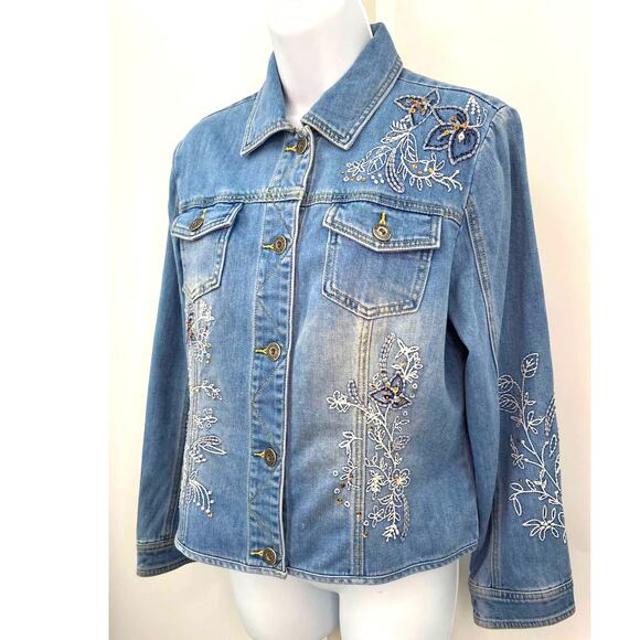 Chico's Thirty Unforgettable Years Denim Jacket Stretch Embellished Size 1 (M/8) - Picture 2 of 8